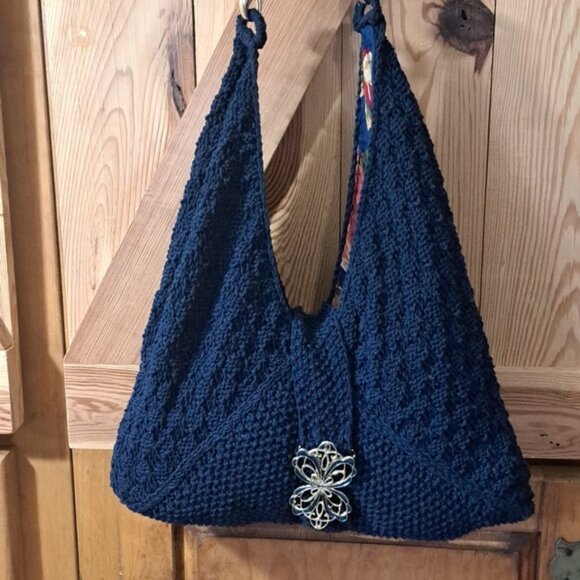 Hand Crafted Knit Three Triangle Cotton Bag Purse Tote Hobo - Picture 13 of 14